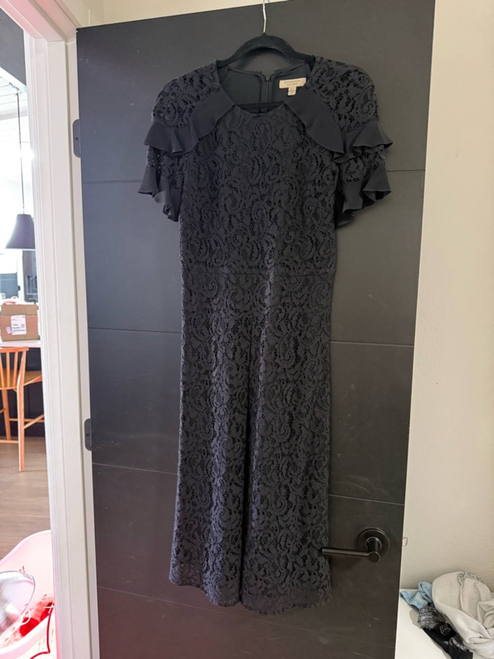 Burberry Black Lace Midi Dress with Ruffle Sleeves
